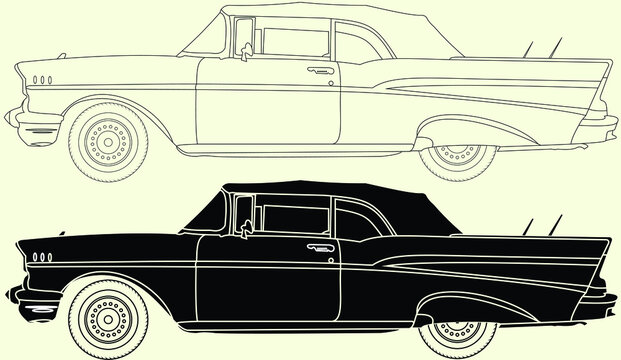 1957  Bel Air,Vector classic car illustration coloring book page for adult drawing. Paper, outlines vehicle. Graphic element. Wheel. Black contour sketch .