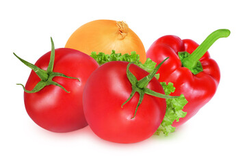 Tomatoes, peppers and onions on an isolated white background. Red peppers, red tomatoes and onions