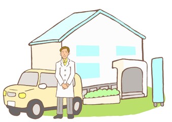 訪問診療クリニックと男性の往診医のイラスト