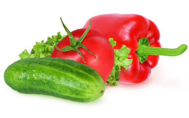 Tomatoes, peppers and cucumber on an isolated white background. Red pepper, red tomatoes and cucumber