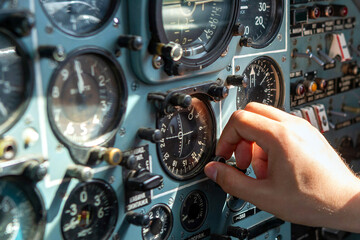 Close-up of an aviator's hand in selective focus presses the button of the aviation horizon...