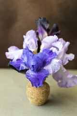 lilac irises in a vase on the table