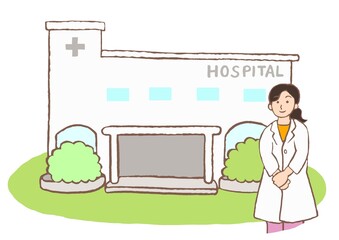 総合病院と女性の精神科医のイラスト