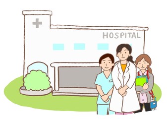 総合病院と女性の精神科医と看護師と精神保健福祉士のイラスト