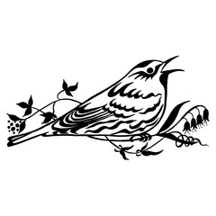 Bird on a branch of flowers pattern. Linear bird and flower, line drawings, ink drawing, hand drawn floral illustration. Illustration for greeting cards, invitations, and other printing projects.