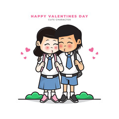 Cute cartoon character of senior high school students couples and happy valentine's day