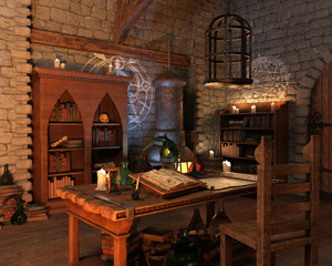 3d rendering of a fantasy alchemy lab - 512806962
