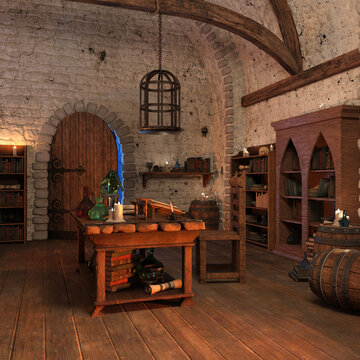 3d rendering of a fantasy alchemy lab