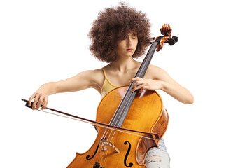Casual young woman playing a cello - obrazy, fototapety, plakaty