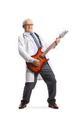 Full length portrait of a doctor playing an electric guitar