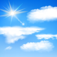 Naklejka na ściany i meble bright blue sky scenery illustration background, with sun light and clouds