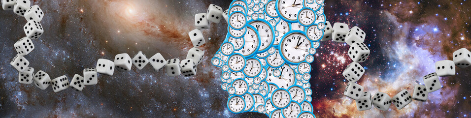 Dice placed in the form of a continuous chain. Face profile made up of dials and  starry sky as a background.