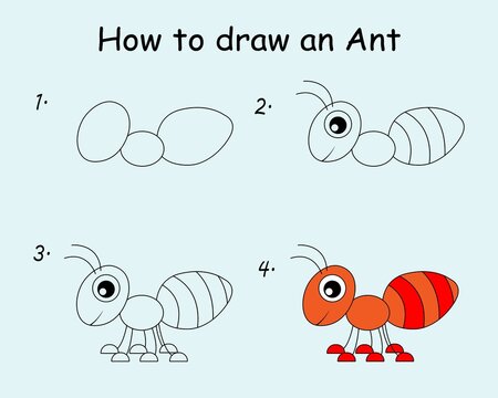 Step by step to draw an Ant. Drawing tutorial an Ant. Drawing lesson for children. Vector illustration