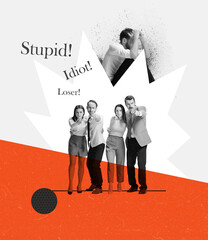 Contemporary art collage. Conceptual image. Group of people pointing with finger and saying rude...