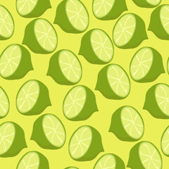 Half lime seamless pattern, juicy citrus fruit on yellow background