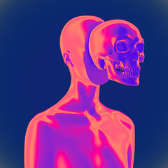 Abstract creative illustration from 3D rendering of female bust figure with skull in front of her face.Vaporwave style color palette illustration isolated on background.