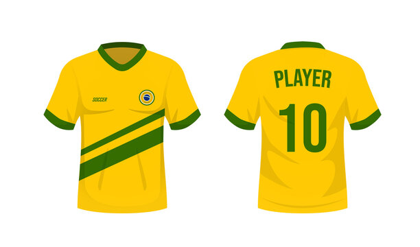 National soccer shirt of the Brazil national team. Front and back view brazilian soccer uniform. Sport shirt mock up. Vector stock