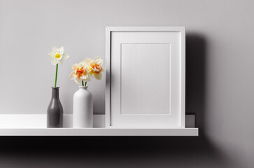 Portrait artwork frame mockup on shelf with flowers over gray wall