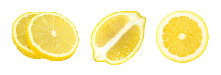 lemon fruit slices and half isolated on white background, Fresh and Juicy Lemon - obrazy, fototapety, plakaty