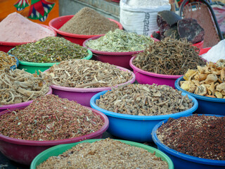 Bowls of Ayurvedic Herbs and Spices use for various ayurveda medicines in India.