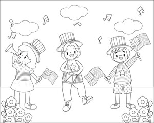 Children's coloring book, celebrating Independence Day in the USA.