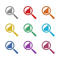 Magnifier glass inspecting growth graph chart icon isolated on white background. Set icons colorful