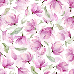 Magnolia watercolor Pattern with pink flowers and green leaves. Seamless Floral background for print or textile