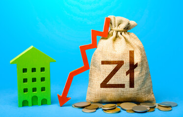 Polish zloty money bag with red arrow down and green house. Profitability of using green...
