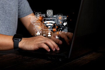 businessman using notebook communicate online high speed wifi It works over a wireless connection. The concept of the world of communication without limitation.