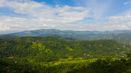 Fototapeta na wymiar Mountain landscape: mountains with green forests and agricultural land with farm plantations. Sri Lanka.