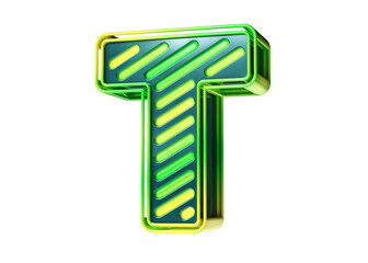 Bright and shiny letter T in green and yellow color combination. Colorful casino style font. High quality 3D rendering.