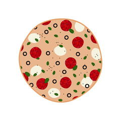Pizza topped with mozzarella cheese, salami or pepperoni sausage, basil, black olives and black pepper. Tasty Italian pizza. Vector illustration for menu restaurant.