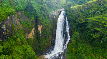 A beautiful waterfall among the rainforest and vegetation. Devon Falls, Sri Lanka. - obrazy, fototapety, plakaty