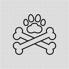 Two dog crossbones and paw print. Crossed dog bones icon and logo design. Outline and line style. Isolated vector illustration on transparent background.
