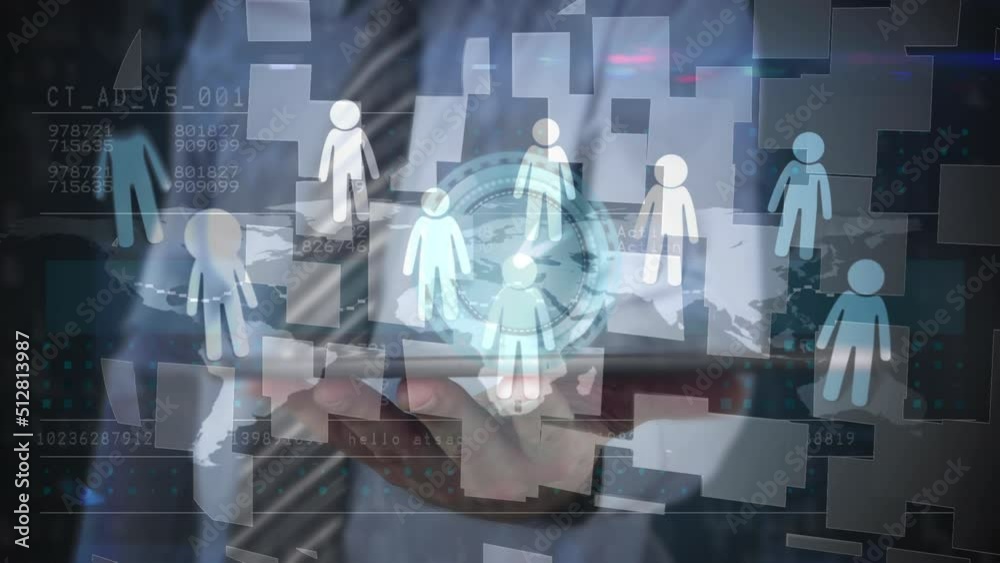 Poster digital interface with data processing against mid section of businessman using digital tablet