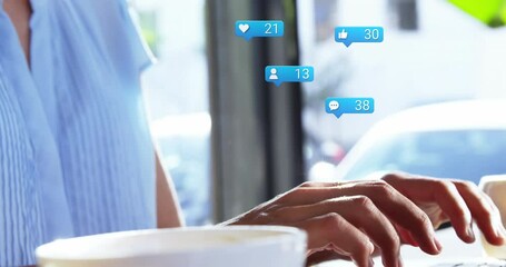 Speech bubble with digital icons with increasing numbers against caucasian woman using laptop - Powered by Adobe