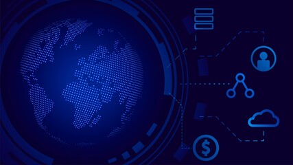Obraz premium Blue glowing digital planet Earth and cloud services and web applications icons