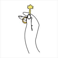Continuous line drawing. The hand holds the keys to the car or apartment. Real estate sale concept. Vector illustration isolated on white background