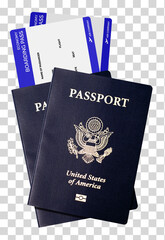 US or American Passport and boarding pass in hand including clipping path