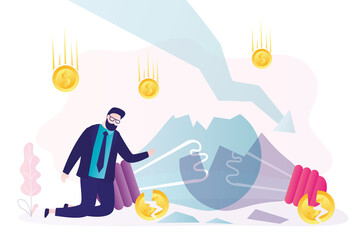 Obraz premium Frustrated investor kneeling. Breaking business ideas. Economic problems, global crisis and devaluation. Businessman and falling chart arrow, stock market crash. Business startup fail.
