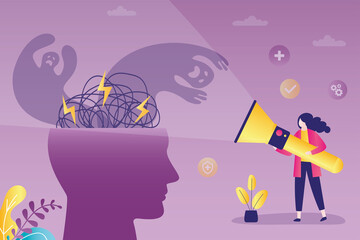 Woman with flashlight discovers hidden fears. Female character looks fear in face. Person successfully overcome phobias. Girl shines at big head or mind. Fighting fears concept.