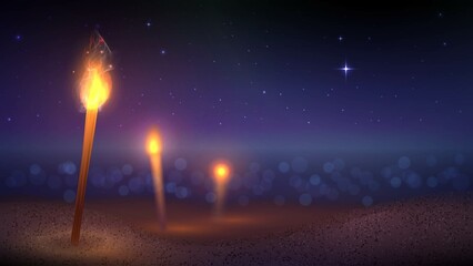 Illustration with torches on the beach at night against a blurred sea