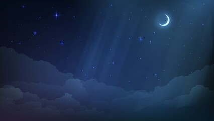 Night starry sky with clouds and crescent moon