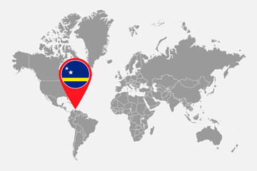 Pin map with Curacao flag on world map. Vector illustration. - obrazy, fototapety, plakaty