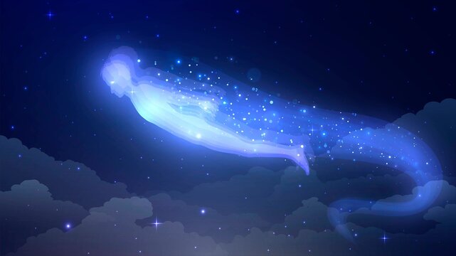 The ghost or soul of a person flies in the starry sky above the clouds