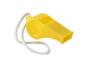 Yellow whistle and white rope Isolated on White