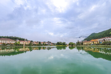 Fototapeta na wymiar Lao Cai Province,north-west Vietnam on July 15,2019:Beautiful scene of Sapa Lake and Sapa town.