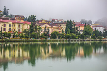 Lao Cai Province,north-west Vietnam on July 15,2019:Beautiful scene of Sapa Lake and Sapa town.