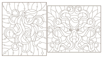 Set of contour illustrations in stained glass style with octopuses, round and rectangular image, dark contours on a white background