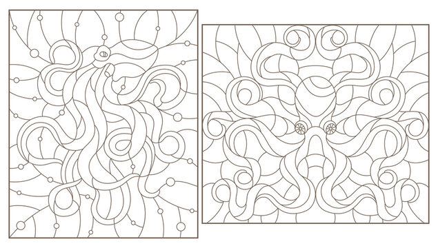 Set of contour illustrations in stained glass style with octopuses, round and rectangular image, dark contours on a white background
